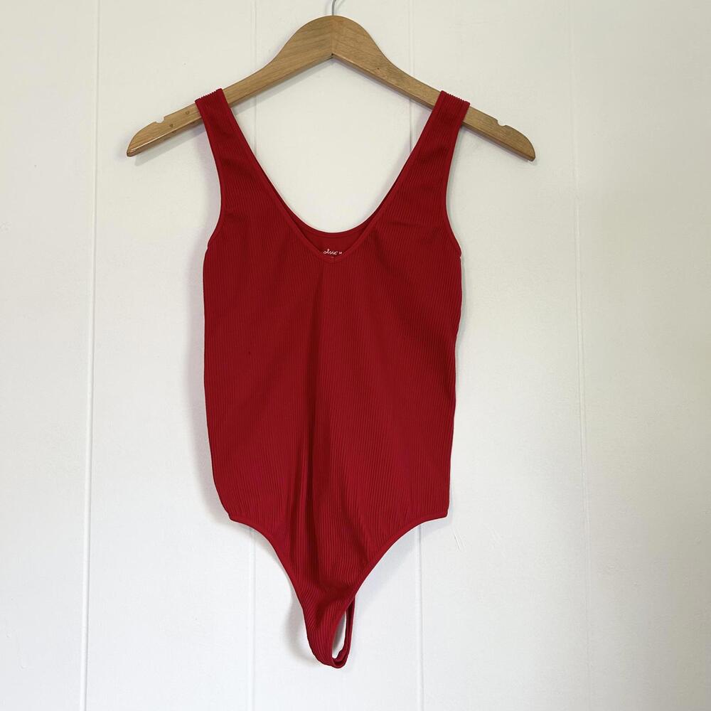 Colsie Red Ribbed Fitted Bodysuit One Piece Women's Medium